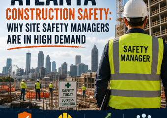 Site safety manager overseeing Atlanta construction site with city skyline in the background