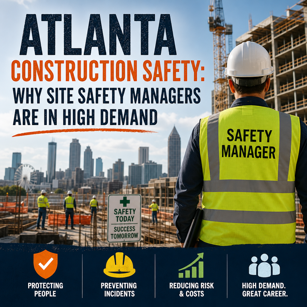 Site safety manager overseeing Atlanta construction site with city skyline in the background
