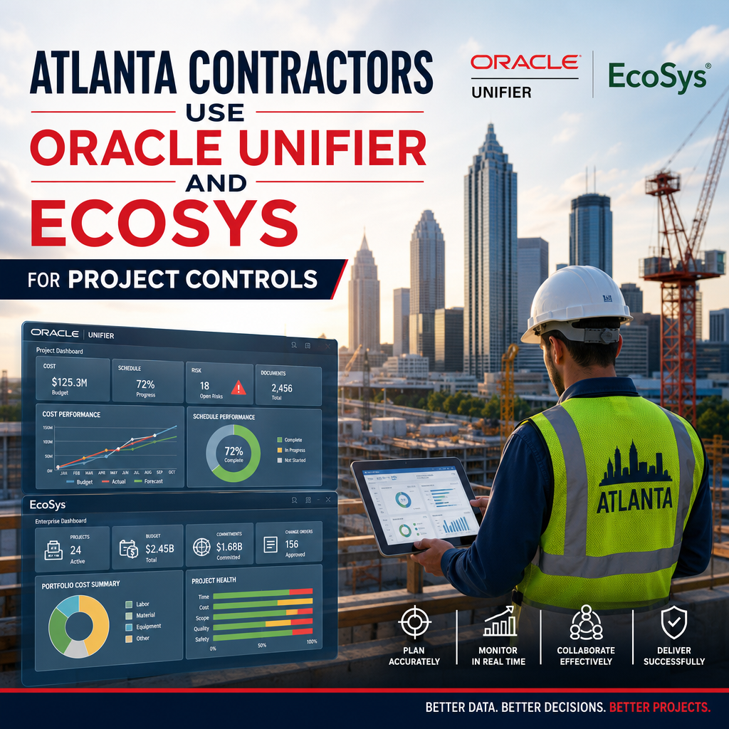 Atlanta contractors reviewing project controls data in Oracle Unifier and EcoSys software on a dashboard