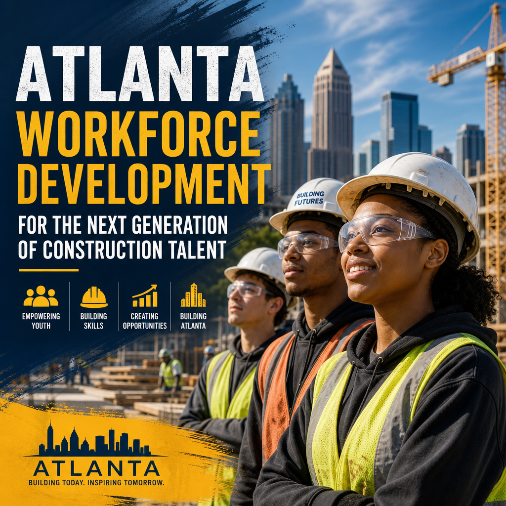 Diverse construction workers with Atlanta skyline, showing workforce development for future talent