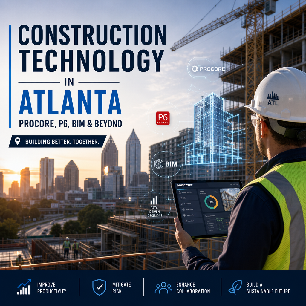 Atlanta construction technology dashboard showing Procore, P6, BIM, and project management tools