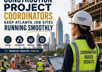 Construction project coordinators reviewing plans and coordinating crews on an Atlanta job site