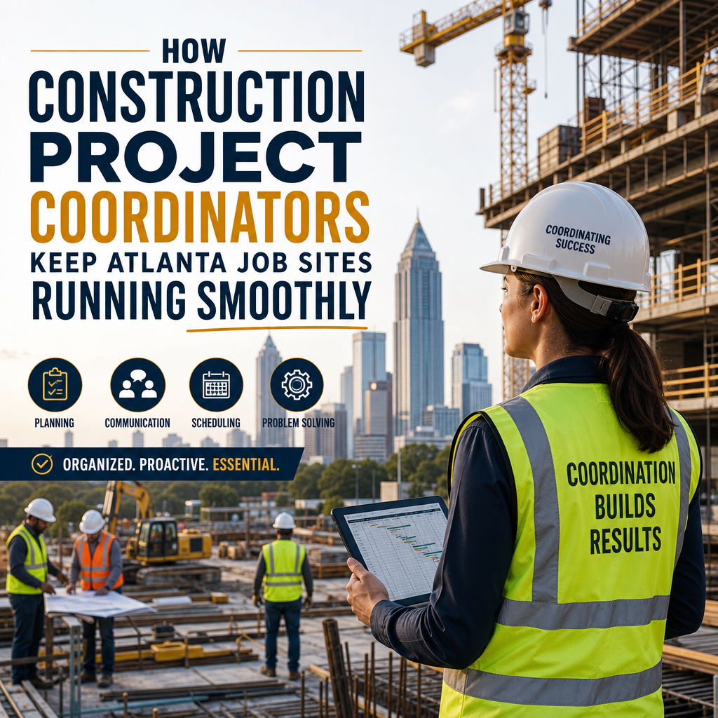 Construction project coordinators reviewing plans and coordinating crews on an Atlanta job site