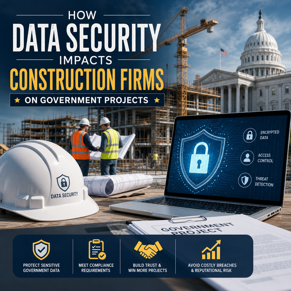 Infographic on data security for construction firms on government projects, showing key protections and benefits.