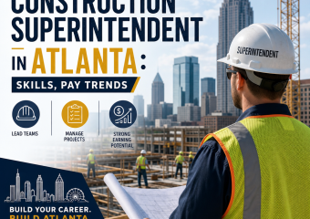 Construction superintendent in Atlanta reviewing plans on a job site with a hard hat and safety vest