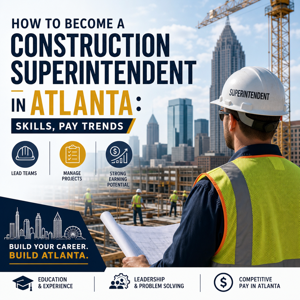 Construction superintendent in Atlanta reviewing plans on a job site with a hard hat and safety vest