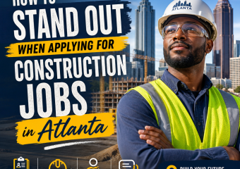 Construction worker reviewing a resume with safety helmet, symbolizing construction jobs in Atlanta applications