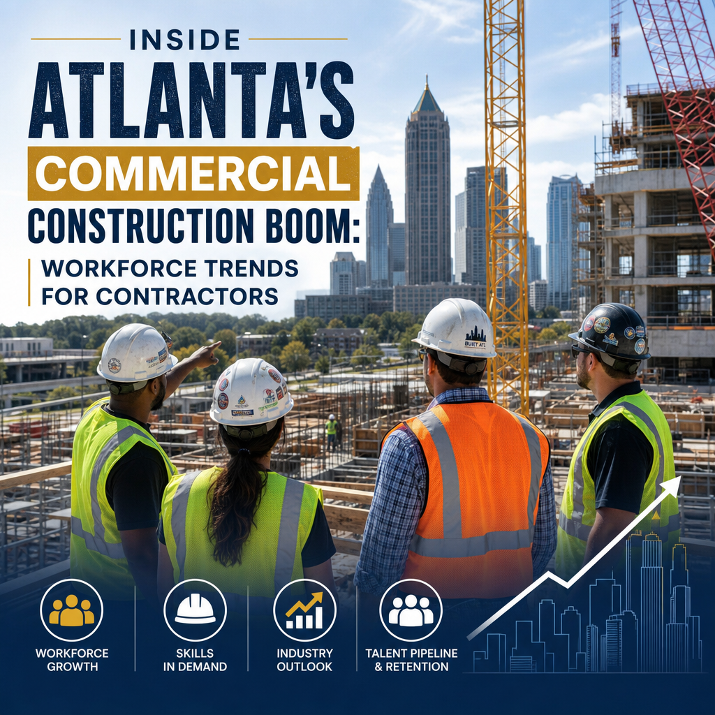 Construction workers at an Atlanta commercial site with the city skyline in the background