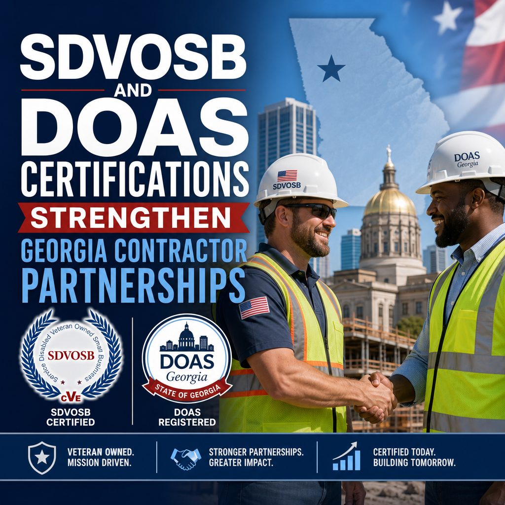 Two construction workers shaking hands beside text about SDVOSB and DOAS certifications in Georgia
