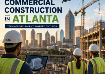 Commercial construction in Atlanta with cranes, skyline, and workers highlighting technology and growth