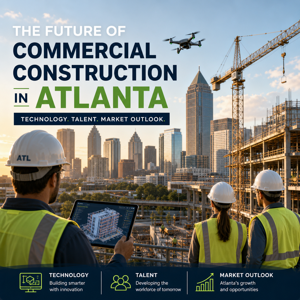 Commercial construction in Atlanta with cranes, skyline, and workers highlighting technology and growth