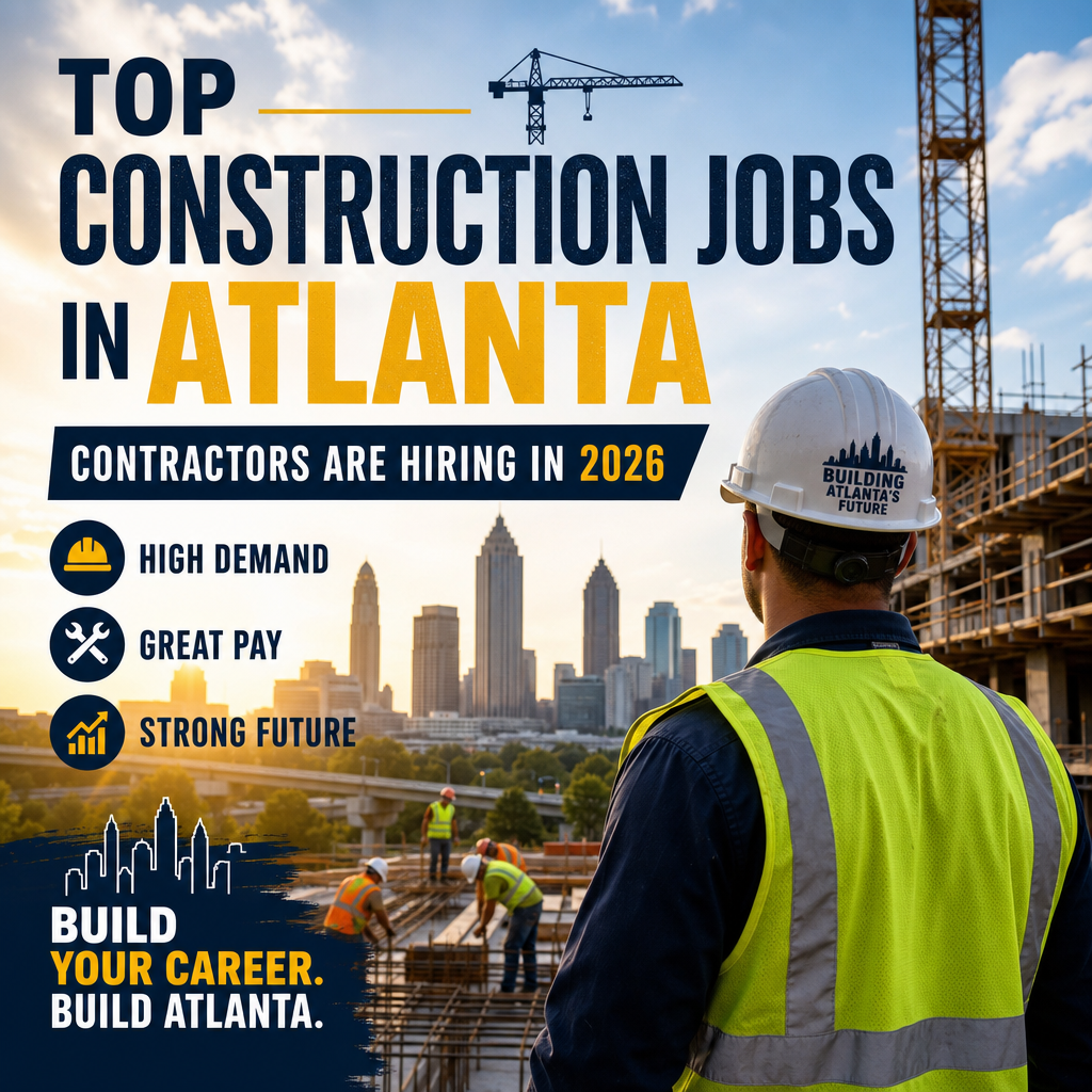 Atlanta construction site with workers and cranes, highlighting high-demand jobs contractors are hiring for in 2026