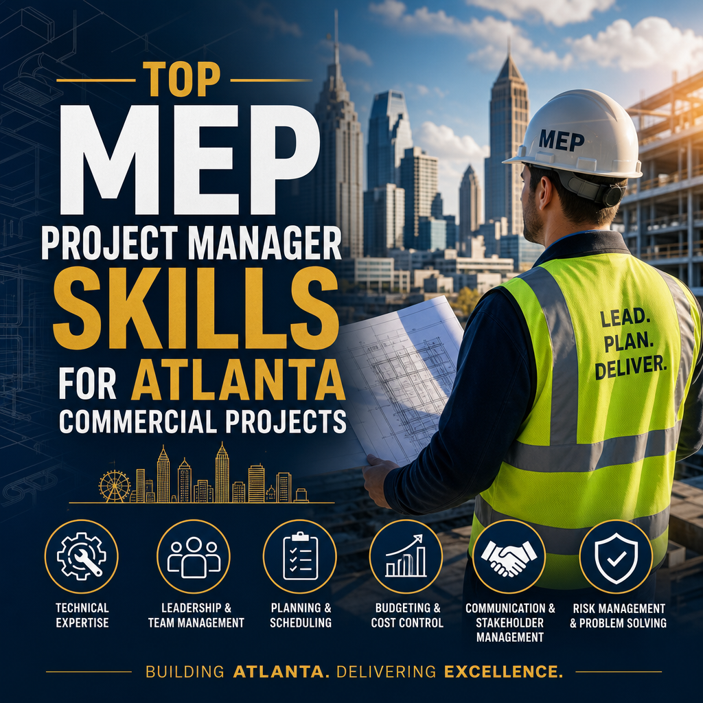 MEP project manager reviewing commercial construction plans with Atlanta skyline in the background