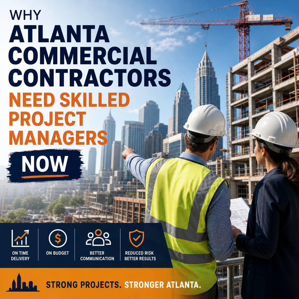 Project managers reviewing plans at an Atlanta commercial construction site with the skyline in the background