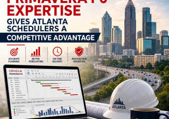 Atlanta scheduler using Primavera P6 to manage a complex project schedule on a computer screen