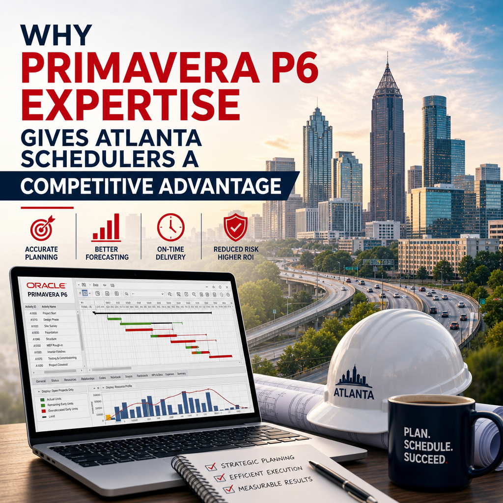 Atlanta scheduler using Primavera P6 to manage a complex project schedule on a computer screen