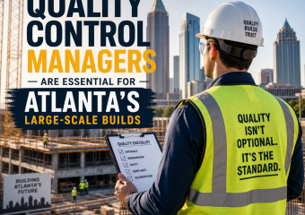 Quality control manager inspecting a large-scale Atlanta construction site with buildings and equipment