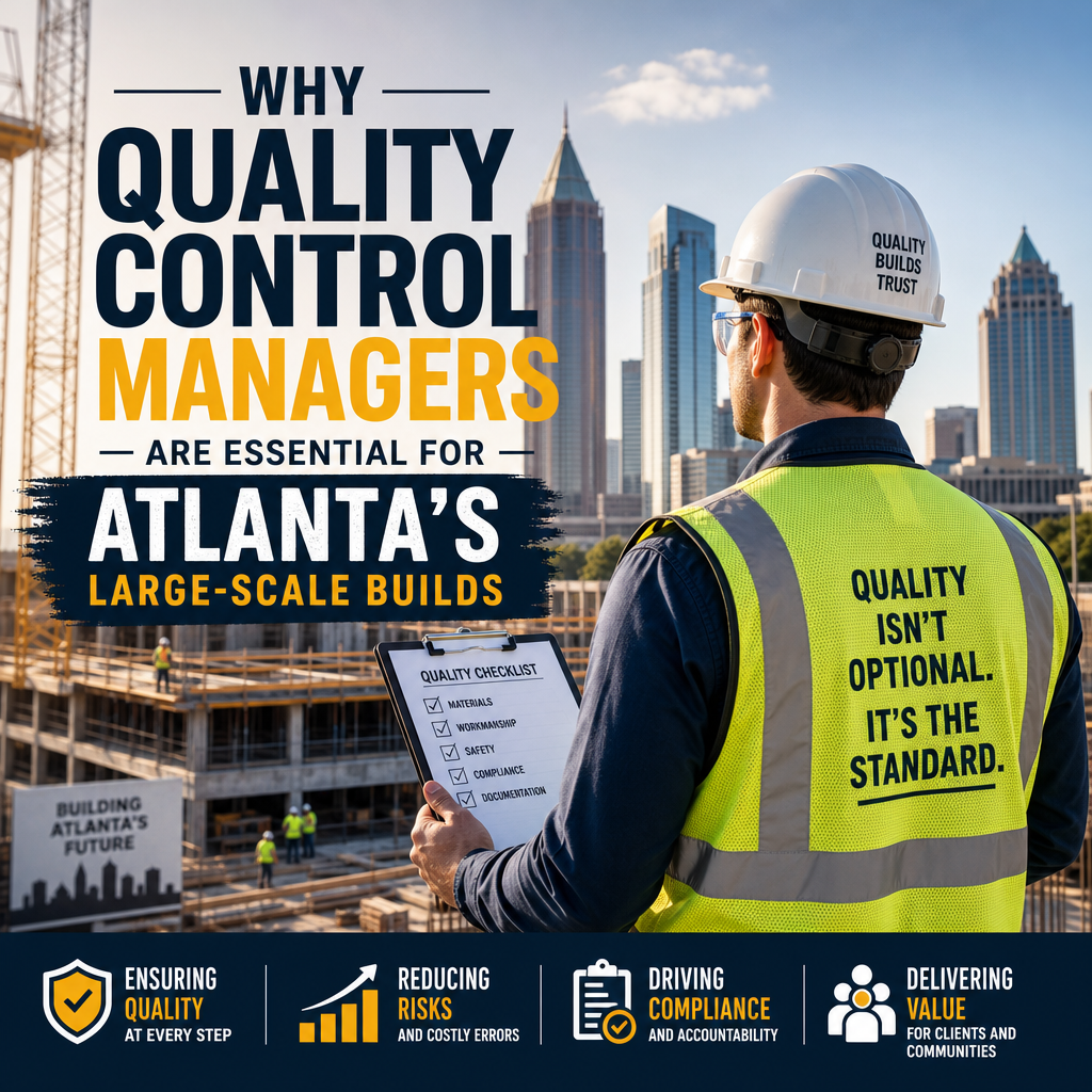Quality control manager inspecting a large-scale Atlanta construction site with buildings and equipment