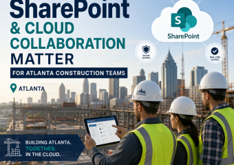Construction workers on an Atlanta site using SharePoint cloud collaboration tools on tablets and laptops
