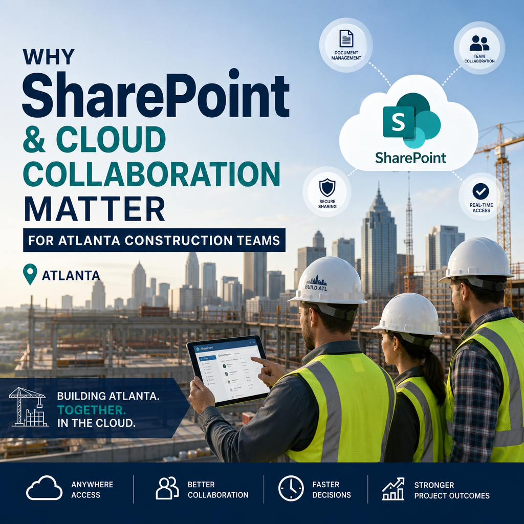 Construction workers on an Atlanta site using SharePoint cloud collaboration tools on tablets and laptops
