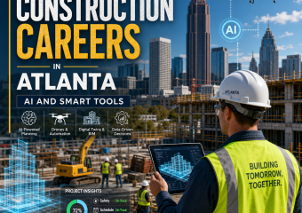 Illustration of Atlanta construction workers using AI, drones, and digital tools on a smart building site