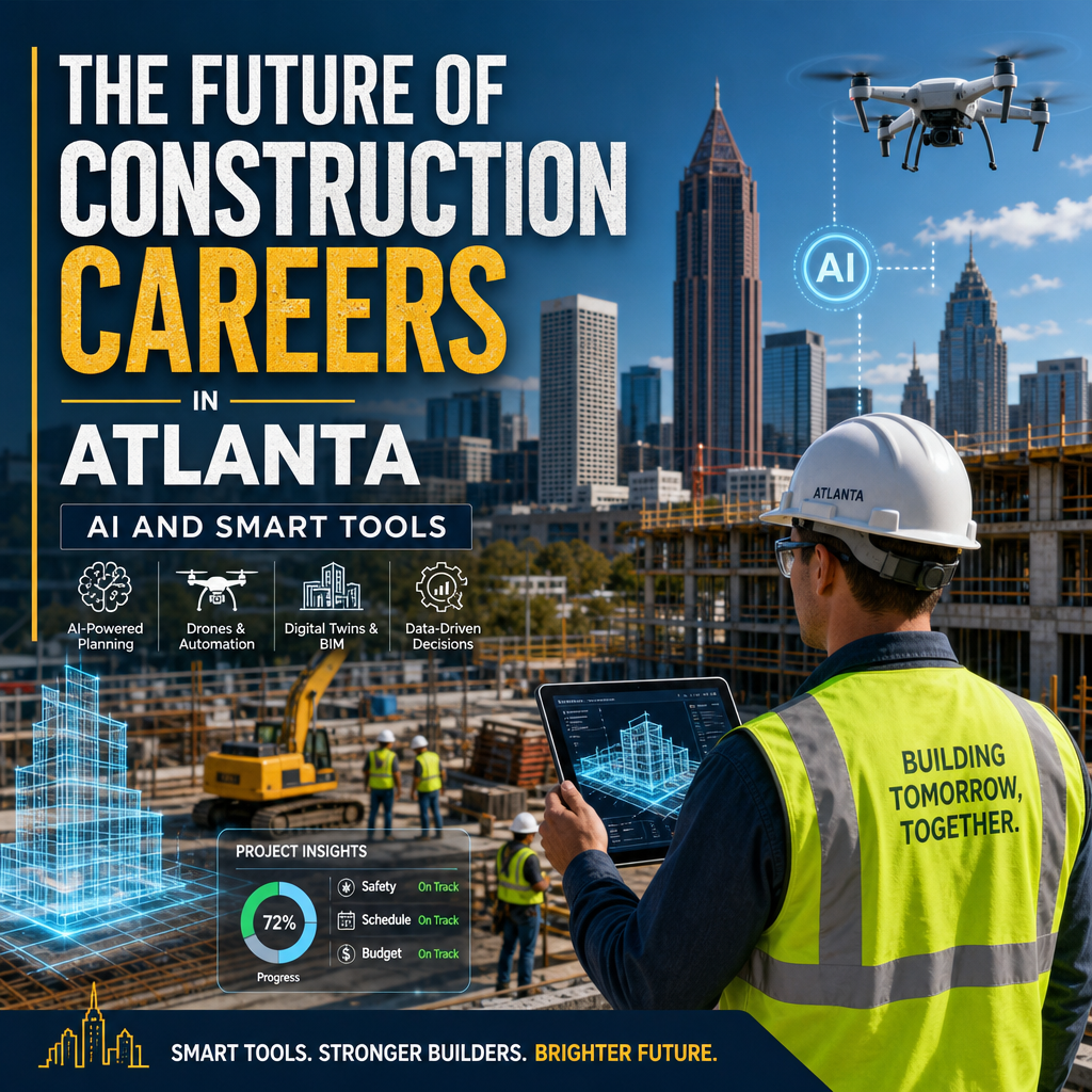 Illustration of Atlanta construction workers using AI, drones, and digital tools on a smart building site