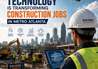 Construction worker using a tablet on a smart Metro Atlanta construction site with drones and skyline.