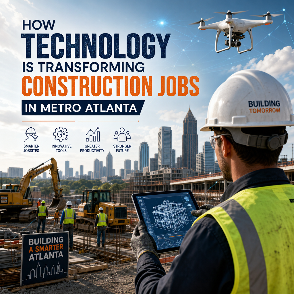 Construction worker using a tablet on a smart Metro Atlanta construction site with drones and skyline.