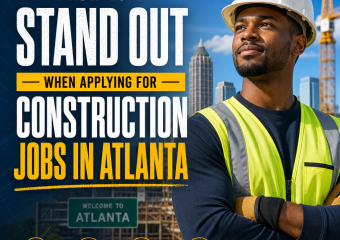 Job seeker with resume, hard hat, and Atlanta skyline highlighting construction jobs in Atlanta