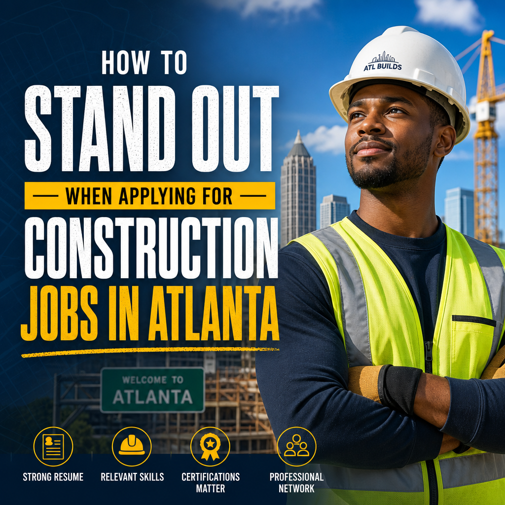 Job seeker with resume, hard hat, and Atlanta skyline highlighting construction jobs in Atlanta