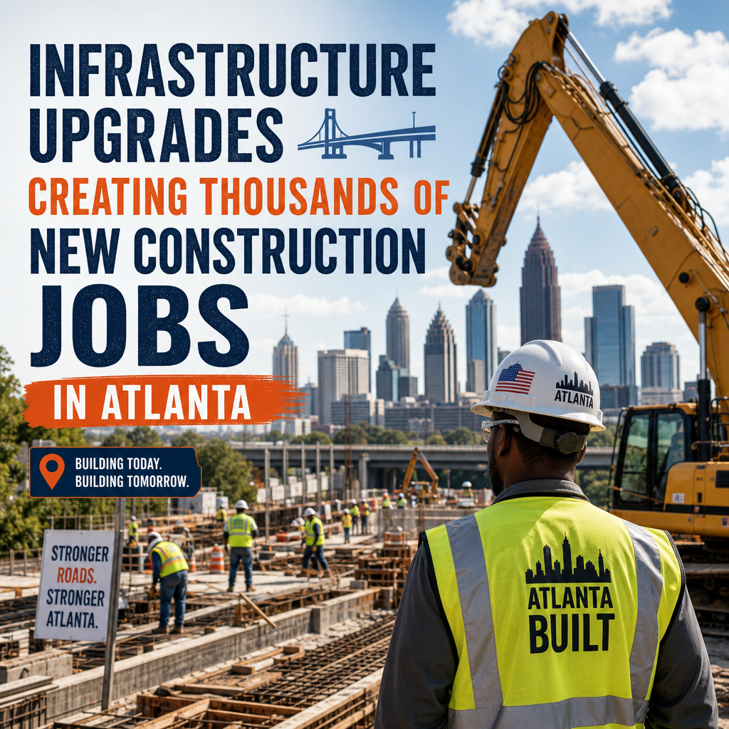 Construction workers and heavy machinery upgrading Atlanta infrastructure, creating new construction jobs