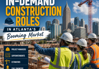 Construction workers and engineers reviewing blueprints at a busy Atlanta job site