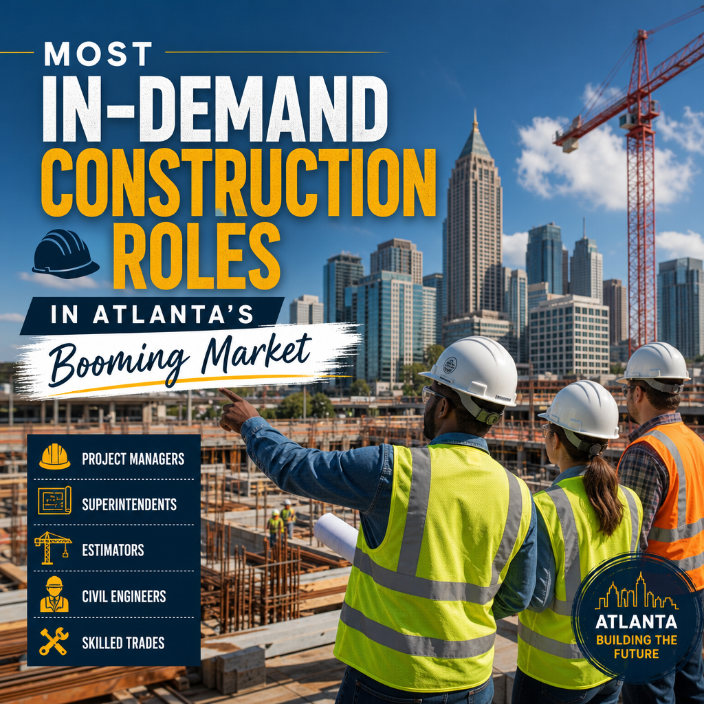 Construction workers and engineers reviewing blueprints at a busy Atlanta job site