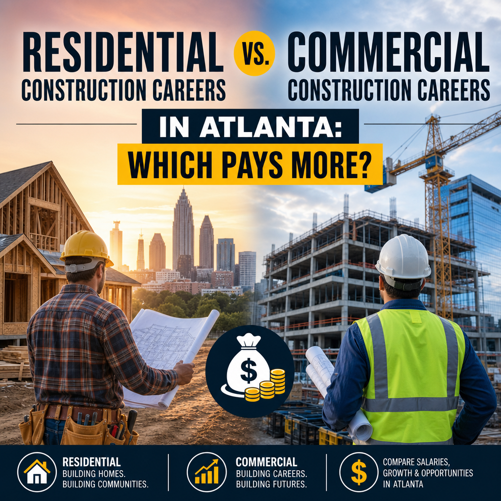 Comparison chart of residential and commercial construction careers in Atlanta, showing salary differences.
