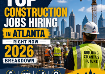 Construction workers on an Atlanta job site with cranes and buildings in the background, highlighting 2026 hiring demand.