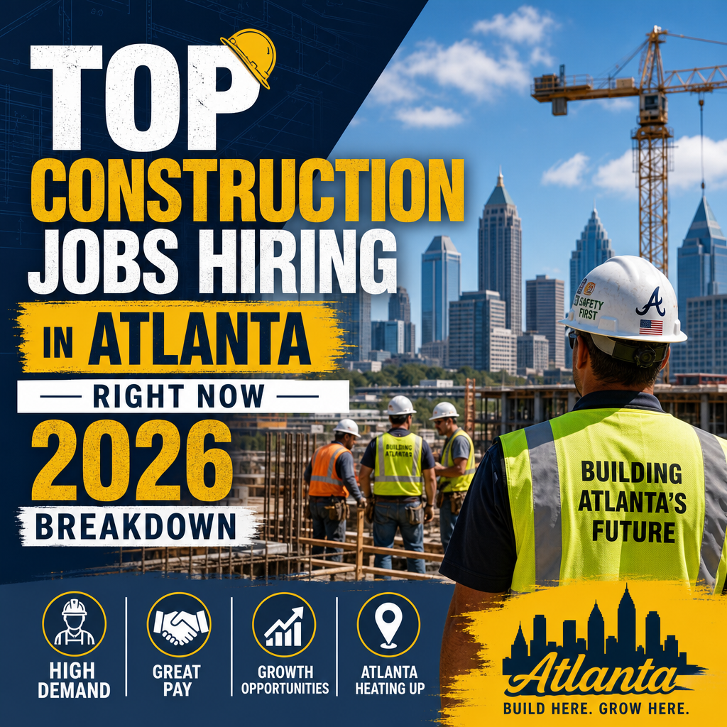 Construction workers on an Atlanta job site with cranes and buildings in the background, highlighting 2026 hiring demand.