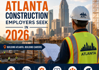 Atlanta construction skills icons for safety, blueprint reading, technology, teamwork, and sustainability