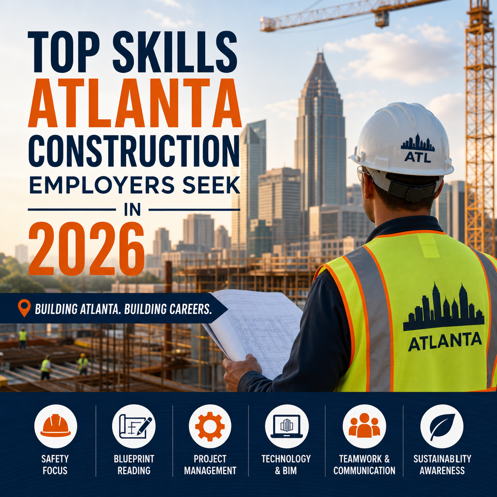Atlanta construction skills icons for safety, blueprint reading, technology, teamwork, and sustainability