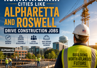 Construction workers and cranes at a growing North Atlanta job site in Alpharetta and Roswell.