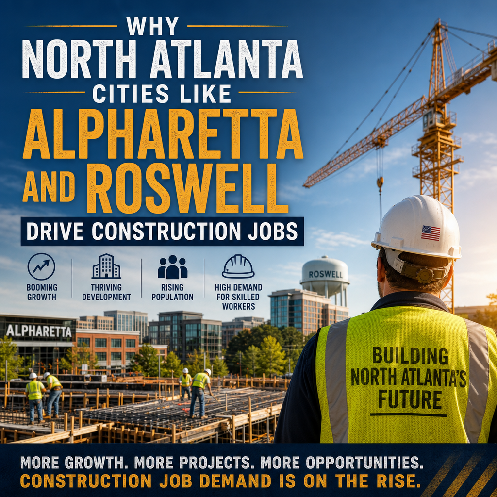 Construction workers and cranes at a growing North Atlanta job site in Alpharetta and Roswell.