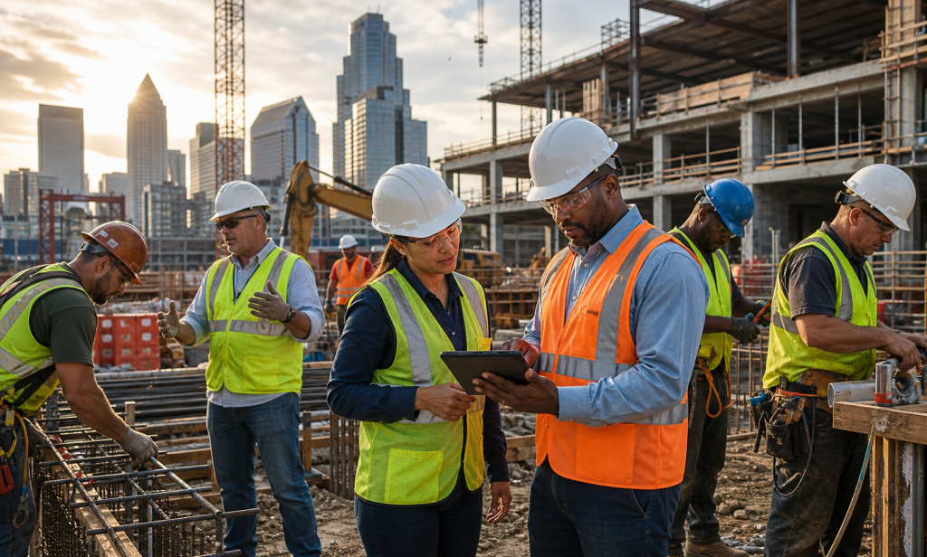 Construction workers review a tablet at a building site with a city skyline and unfinished high-rise behind them