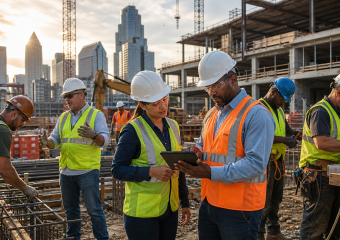 Construction workers review a tablet at a building site with a city skyline and unfinished high-rise behind them