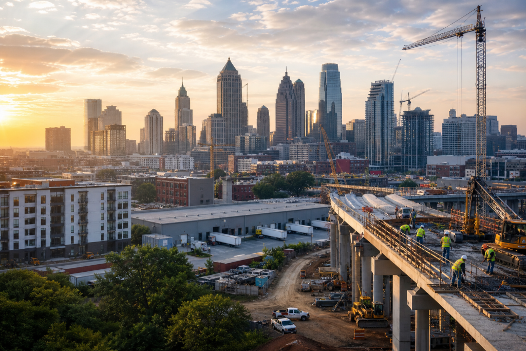 City skyline at sunset with high-rise buildings and an elevated bridge under construction, workers and cranes visible