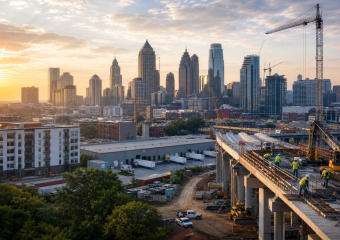 City skyline at sunset with high-rise buildings and an elevated bridge under construction, workers and cranes visible