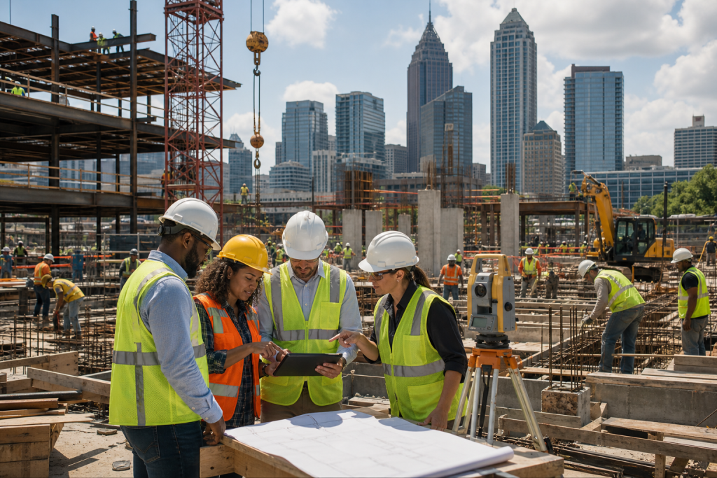 Construction workers in hard hats review plans at a downtown building site, with surveying equipment and a city skyline behind them