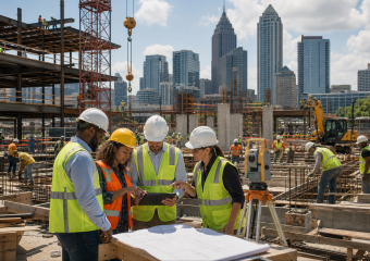 Construction workers in hard hats review plans at a downtown building site, with surveying equipment and a city skyline behind them