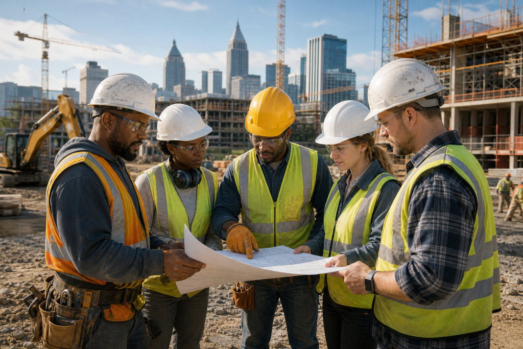 Five construction workers in hard hats and safety vests review a blueprint at an urban construction site