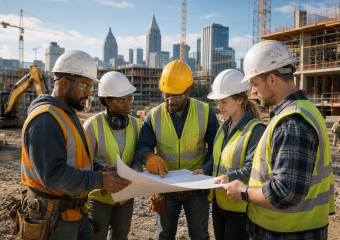 Five construction workers in hard hats and safety vests review a blueprint at an urban construction site